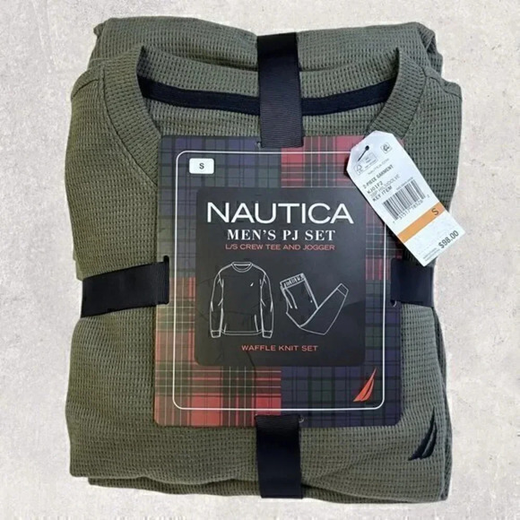 NAUTICA PAJAMA SET WAFFLE KNIT LONG SLEEVE SHIRT & JOGGER BOTTOMS OLIVE SMALL - Picture 1 of 7
